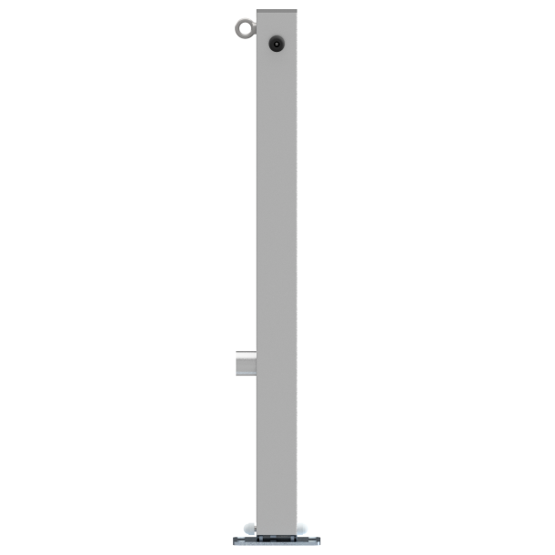 Stainless steel post | 70 x 70 mm | foldable, self-engaging lockto be fixed by plugs, with base plate 100 x 150 mmhot-dip galvanized | with triangular locking mechanism acc. with DIN 3223 | with 1 eyelet